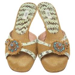 Pre Owned Prada Brown Jute Canvas And Blue Snakeskin Crystal Embellished Slide Sandals Size 39