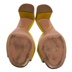 Prada Yellow Patent Saffiano Leather Block Heel Open Toe Sandals Size 38