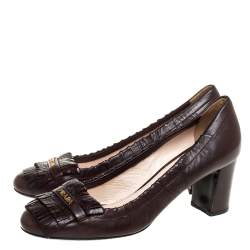 Pre Owned Prada Brown Leather Fringe Loafer Pumps Size 37