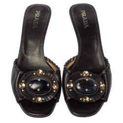 Pre Owned Prada Black Leather Embellished Open Toe Sandals Size 37