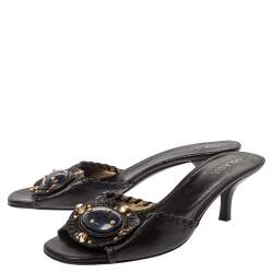 Pre Owned Prada Black Leather Embellished Open Toe Sandals Size 37