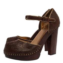 Prada Brown Leather Embroidered Wooden Block Heel Ankle Strap Sandals Size 40