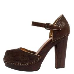 Prada Brown Leather Embroidered Wooden Block Heel Ankle Strap Sandals Size 40