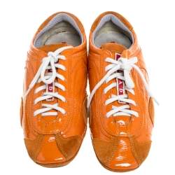 Prada Orange Suede And Patent Leather Vintage Low Top Sneakers Size 38.5