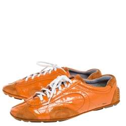 Prada Orange Suede And Patent Leather Vintage Low Top Sneakers Size 38.5