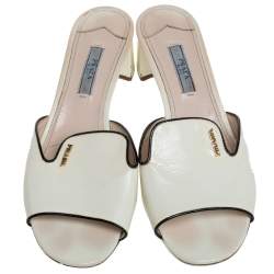 Pre Owned Prada Cream Patent Leather Block Heel Open Toe Slip on Sandals Size 37.5