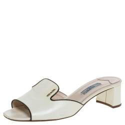 Pre Owned Prada Cream Patent Leather Block Heel Open Toe Slip on Sandals Size 37.5