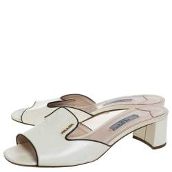 Pre Owned Prada Cream Patent Leather Block Heel Open Toe Slip on Sandals Size 37.5