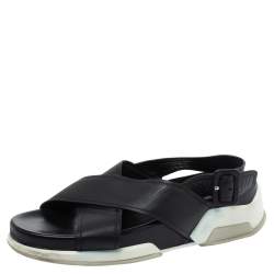 Pre Owned Prada Black Leather Crossover Flats Size 37.5