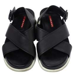 Pre Owned Prada Black Leather Crossover Flats Size 37.5