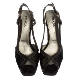 Pre Owned Prada Black Satin And Leather Pleated Peep Toe Slingback Sandals Size 41