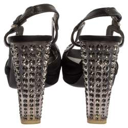 Pre Owned Prada Black Satin And Leather Pleated Peep Toe Slingback Sandals Size 41