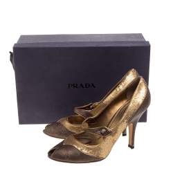 Pre Owned Prada Gold/Brown Sequin and Leather Peep Toe Pumps Size 41