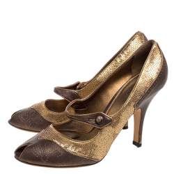 Pre Owned Prada Gold/Brown Sequin and Leather Peep Toe Pumps Size 41