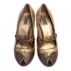 Pre Owned Prada Gold/Brown Sequin and Leather Peep Toe Pumps Size 41