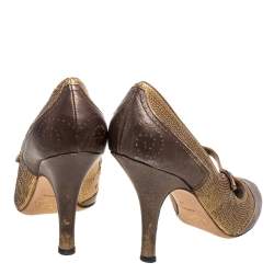 Pre Owned Prada Gold/Brown Sequin and Leather Peep Toe Pumps Size 41