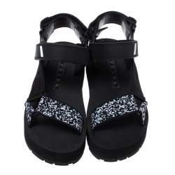 Pre Owned Prada Black Canvas, Rubber and Leather Trim Jacquard Logo Platform Sandals Size 35