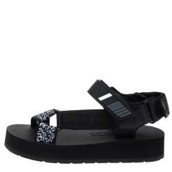Pre Owned Prada Black Canvas, Rubber and Leather Trim Jacquard Logo Platform Sandals Size 35