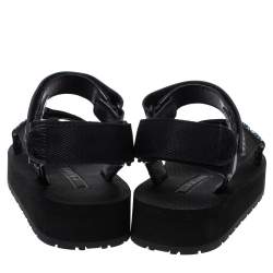 Pre Owned Prada Black Canvas, Rubber and Leather Trim Jacquard Logo Platform Sandals Size 35