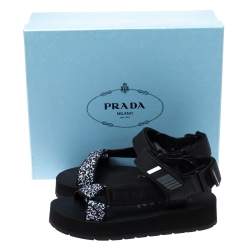 Pre Owned Prada Black Canvas, Rubber and Leather Trim Jacquard Logo Platform Sandals Size 35