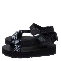 Pre Owned Prada Black Canvas, Rubber and Leather Trim Jacquard Logo Platform Sandals Size 35