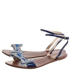 Pre Owned Prada Blue/Grey Leather Crystal Embellished Ankle Strap Bow Flats Size 38