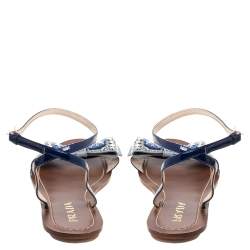 Pre Owned Prada Blue/Grey Leather Crystal Embellished Ankle Strap Bow Flats Size 38