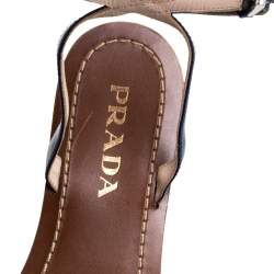 Pre Owned Prada Blue/Grey Leather Crystal Embellished Ankle Strap Bow Flats Size 38