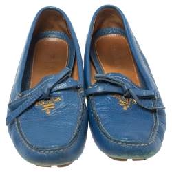 Pre Owned Prada Blue Leather Bow Slip On Loafers Size 35