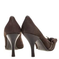 Prada Khaki Brown Stitch Nubuck Leather Knot Pointed Toe Pumps Size 36