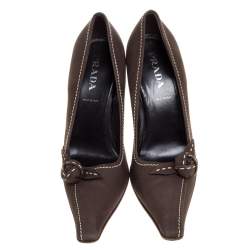 Prada Khaki Brown Stitch Nubuck Leather Knot Pointed Toe Pumps Size 36