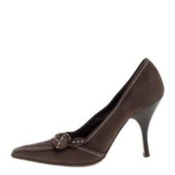 Prada Khaki Brown Stitch Nubuck Leather Knot Pointed Toe Pumps Size 36
