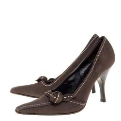 Prada Khaki Brown Stitch Nubuck Leather Knot Pointed Toe Pumps Size 36