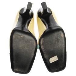 Pre Owned Prada Yellow/Black Patent Leather Logo Silver Plaque Square Toe Pumps Size 39.5