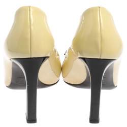 Pre Owned Prada Yellow/Black Patent Leather Logo Silver Plaque Square Toe Pumps Size 39.5