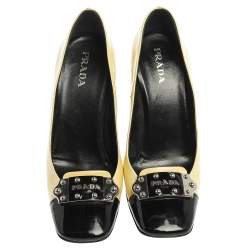 Pre Owned Prada Yellow/Black Patent Leather Logo Silver Plaque Square Toe Pumps Size 39.5