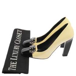 Pre Owned Prada Yellow/Black Patent Leather Logo Silver Plaque Square Toe Pumps Size 39.5