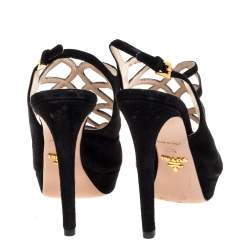 Pre Owned Prada Black Suede Lasercut Platform Sandals Size 36.5