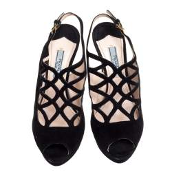Pre Owned Prada Black Suede Lasercut Platform Sandals Size 36.5