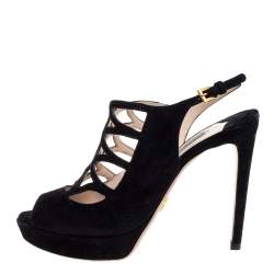 Pre Owned Prada Black Suede Lasercut Platform Sandals Size 36.5