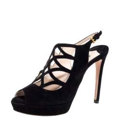 Pre Owned Prada Black Suede Lasercut Platform Sandals Size 36.5