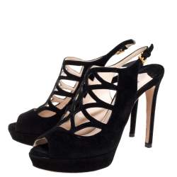 Pre Owned Prada Black Suede Lasercut Platform Sandals Size 36.5
