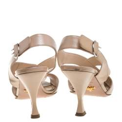 Pre Owned Prada Beige Glossy Patent Leather Criss Cross Ankle Strap Sandals Size 38.5