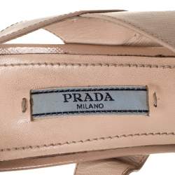 Pre Owned Prada Beige Glossy Patent Leather Criss Cross Ankle Strap Sandals Size 38.5