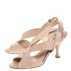 Pre Owned Prada Beige Glossy Patent Leather Criss Cross Ankle Strap Sandals Size 38.5