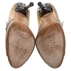 Pre Owned Prada Metallic Gold/Silver Leather Mary Jane Bow Open Toe Pumps Size 39