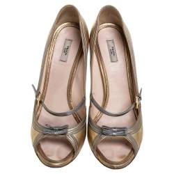 Pre Owned Prada Metallic Gold/Silver Leather Mary Jane Bow Open Toe Pumps Size 39