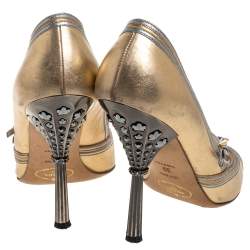 Pre Owned Prada Metallic Gold/Silver Leather Mary Jane Bow Open Toe Pumps Size 39