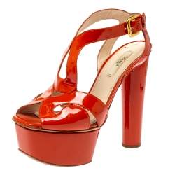 Prada Orange Patent Leather Ankle Strap Platform Sandals Size 36