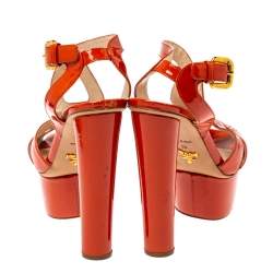 Prada Orange Patent Leather Ankle Strap Platform Sandals Size 36